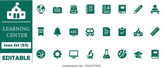 Icono del Centro de Aprendizaje de línea limpia con 24 símbolos educativos que incluyen libros, escuela, ciencia, arte y herramientas de estudio. Ideal para App, Sitios web, diseño de interfaz de usuario, e-learning y proyectos de impresión.
