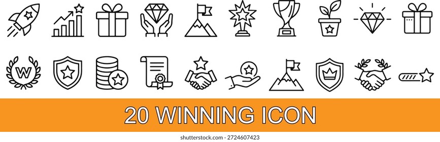 Clean line style illustration set of winning and success icons showing business growth, awards, trophies, teamwork, achievement milestones, motivation symbols, and victory concepts for professional branding, presentations, and digital interfaces.