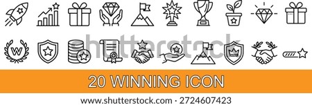 Clean line style illustration set of winning and success icons showing business growth, awards, trophies, teamwork, achievement milestones, motivation symbols, and victory concepts for professional branding, presentations, and digital interfaces.