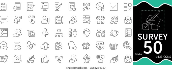Clean line style survey and feedback icon set featuring polls, checklists, forms, and rating symbols. Perfect for business analysis, online surveys, client reviews, and data apps.