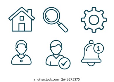 Limpar ícones de estilo de linha da interface do usuário, incluindo página inicial, pesquisa, configurações, perfil e símbolos de notificação para aplicativos e sites.