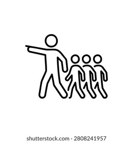 A clean line style vector icon showing a leader figure pointing the direction for a group of followers. This simple graphic represents guidance, management, teamwork, leadership, and following instructions in business or education.