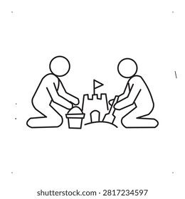 Clean line vector icon of a couple or friends kneeling on the beach and making a sandcastle with a bucket and shovel. Ideal for summer vacation, beach travel, outdoor fun, and leisure activities.