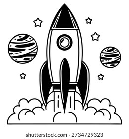 Clean line vector illustration of a rocket launching into space surrounded by planets and stars, symbolizing space exploration, innovation, technology progress, and startup launch concepts. Perfect for science projects, space education materials, technology branding, website graphics, mobile apps, and infographic design.
