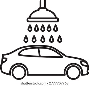 A clean line vector illustration showing a generic car positioned beneath a shower head emitting falling water droplets, emphasizing washing or cleaning concept.