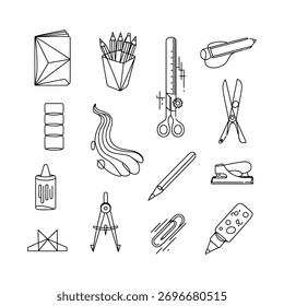 Clean Linear Design Asset with Stapler Glue Compass and Paper Clip Objects