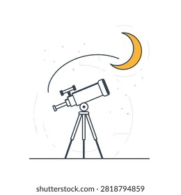 A clean linear drawing of an astronomical telescope on a tripod aimed towards a stylized yellow crescent moon against a simple dotted night sky