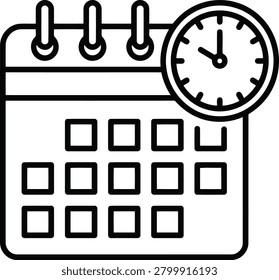 A clean, linear icon representing a calendar combined with a clock, symbolizing time management, scheduling, appointments, and planning tasks.