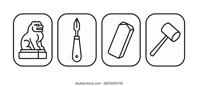 A clean, linear icon set featuring a stone lion statue, a chisel, a raw stone block, and a mallet, representing the traditional craft of stone carving.