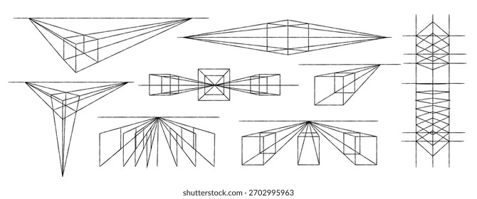 Clean linear perspective diagrams showing vanishing points, horizon lines, geometric grids, and construction guides. Useful for architecture, drawing practice, technical design, and educational materi