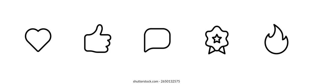 Clean Linear Social Media Interaction Icons: Heart Like, Thumbs Up, Comment Bubble, Star Badge, and Trending Flame Symbols