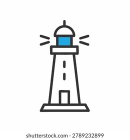 A clean linear style lighthouse icon with a glowing light feature representing maritime guidance and nautical safety symbols