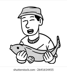 Um avatar de profissão de desenhos animados lineart limpo em Estilo Lineart Minimalista, mostrando um pescador com uma haste, ótimo para exterior e visuais de pesca.
