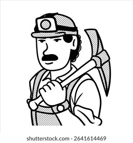A clean lineart cartoon profession avatar in Minimalist Lineart Style, featuring a miner with a pickaxe and helmet, perfect for industrial and mining visuals.