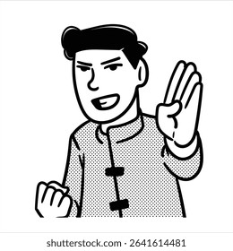 A clean lineart cartoon profession avatar in Minimalist Lineart Style, featuring a kung fu master with a pose and belt, perfect for martial arts visuals.