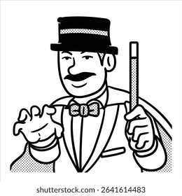 A clean lineart cartoon profession avatar in Minimalist Lineart Style, depicting a magician with a wand and hat, ideal for magic and entertainment visuals.