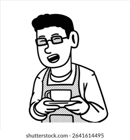 A clean lineart cartoon profession avatar in Minimalist Lineart Style, depicting a barista with a coffee cup and apron, ideal for café visuals.