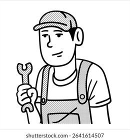 Um avatar profissional de desenhos animados lineart limpo em Estilo Lineart Minimalista, apresentando um mecânico com uma chave inglesa e carro, perfeito para projetos automotivos.