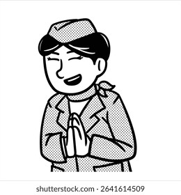 Um avatar de profissão de desenhos animados lineart limpo em Estilo Lineart Minimalista, retratando uma anfitriã de ar com uma bandeja e uniforme, ideal para projetos de aviação.
