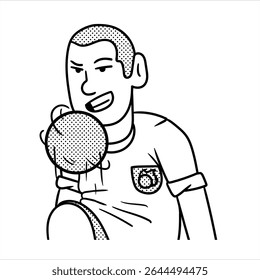 Um avatar de profissão de desenhos animados lineart limpo em Estilo Lineart Minimalista, retratando um exercício de malabarismo de futebol, ideal para esportes e habilidades visuais de treinamento.