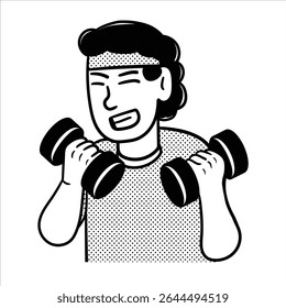 A clean lineart cartoon profession avatar in Minimalist Lineart Style, showcasing a double dumbbell curl exercise, great for strength training visuals.