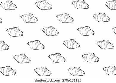 Patrón de croissant de línea limpia en blanco y negro. Perfecto para el embalaje, panadería de marca, Fondos de pantalla, textiles, y lindos diseños sin costuras.