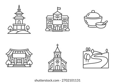 A clean line-art icon collection featuring a pagoda, school building, traditional bowl, temple, church, and landscape scene. Minimal outlines and simple shapes make this set suitable for maps, UI desi