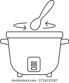 A clean, line-art icon featuring an electric rice cooker or multi-cooker. The graphic includes a rice paddle (spatula) and directional arrows indicating a stirring or mixing action, commonly used to represent cooking instructions, fluffing rice, or food preparation.