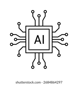 Um ícone limpo, representando a inteligência artificial, dentro de um microchip estilizado. Requer tecnologia avançada, poder de processamento e futuras capacidades de computação.