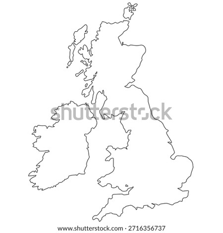 Clean line-art outline map of the United Kingdom and Ireland. Minimal vector stroke design, fully editable and perfect for infographics, education, and presentations.