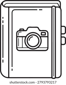 A clean, line-art vector design showing a closed notebook with a camera symbol displayed on its front cover, suggesting themes of photography or memory keeping. The style is simple and modern, ideal for digital or print use.