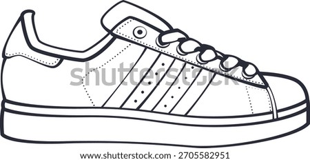 A clean line-art vector illustration of a classic shell-toe sneaker, designed with precise outlines suitable for minimalist, modern, and retro-themed projects. Ideal for stickers, coloring pages
