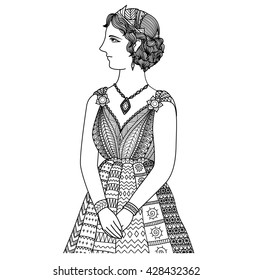 Clean lines doodle art design of Princess Elissa of cartage,design for T-Shirt graphic and adult coloring book
