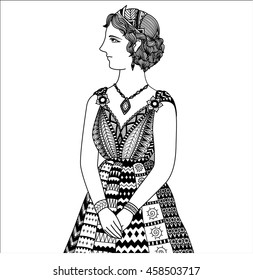 Clean lines doodle art design of Princess Elissa of cartage,design for T-Shirt graphic and adult coloring book