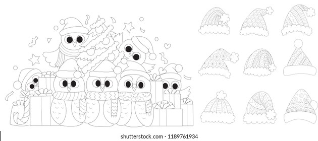 Clean lines drawing of cute owls in Christmas party and Christmas hats set for design element and coloring book page for adult and kids. Vector illustration