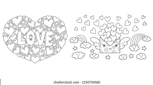 Clean lines hearts lay in the shape of big heart and flying love letter for design element.Vector illustration