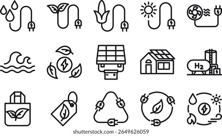 a clean line-style design illustrating various forms of green energy and sustainability. It includes symbols for solar power, wind energy, hydropower, biofuel, hydrogen energy, and eco-friendly