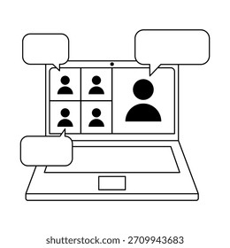 Clean line-style online training icon featuring a laptop screen with chat bubbles, symbolizing digital learning and interactive communication