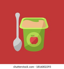 Clean Liquid Food Container Isolated Symbol Mash Or Pudding Puree Dessert Icon. Fresh Baby Breakfast. Flavor Apple Yoghurt Cream On Cup Flat Design Vector. Fruit Yogurt Smooth On Pot Product & Spoon