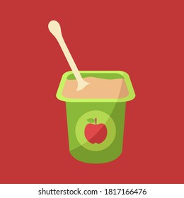 clean liquid food container isolated symbol mash or pudding puree dessert icon. fresh baby breakfast. flavor apple yoghurt cream on cup flat design vector. fruit yogurt smooth on pot product & spoon