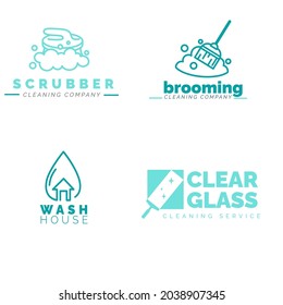 Clean logo with Cleaning gloves, water droplets, scrub brush and broom