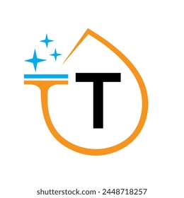 Clean Logo Design On Letter T With Water Symbol. Maid Sign