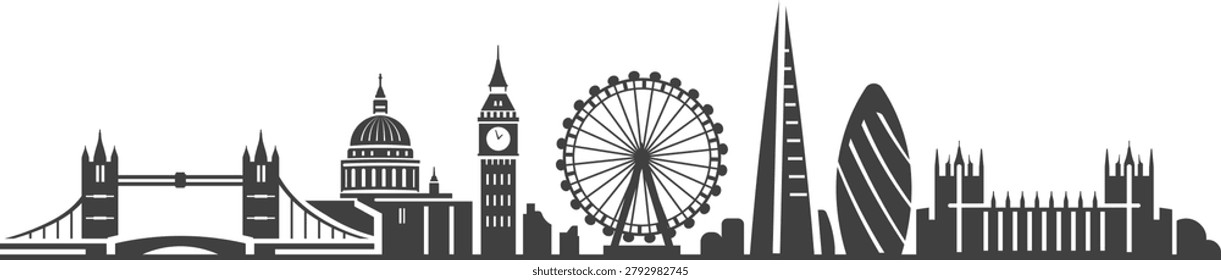 Clean London skyline silhouette vector designed for branding, travel, editorial, website headers, tourism materials, and urban identity projects. Balanced architectural composition with scalable editable vector structure suitable for print and digital applications.