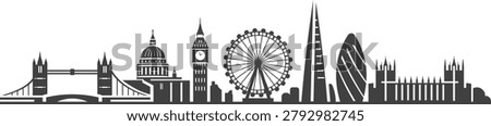 Clean London skyline silhouette vector designed for branding, travel, editorial, website headers, tourism materials, and urban identity projects. Balanced architectural composition with scalable editable vector structure suitable for print and digital applications.