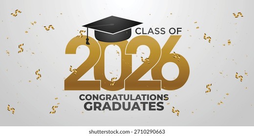 Anuncio de graduación limpio y lujoso de la clase de 2026 con texto dorado, gráfico de tapa y fondo de confeti blanco