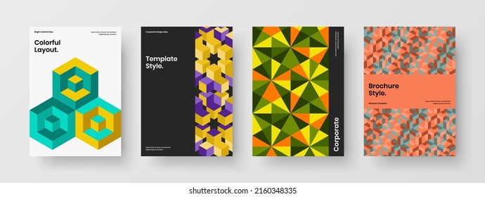 Clean magazine cover A4 vector design concept collection. Bright geometric hexagons booklet illustration composition.