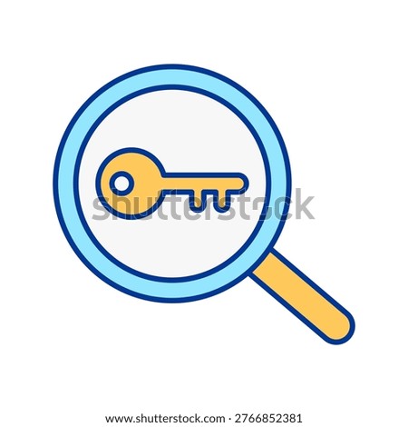 Clean magnifying glass icon featuring key symbol representing access search, authorization systems, entry permissions, security control, and identity management processes