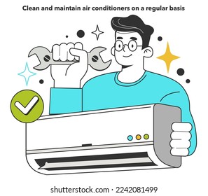 Clean and maintain air conditioners on a regular basis for energy efficiency at work. How to low office utility cost, electricity consumption reduction. Inflation effect. Flat vector illustration