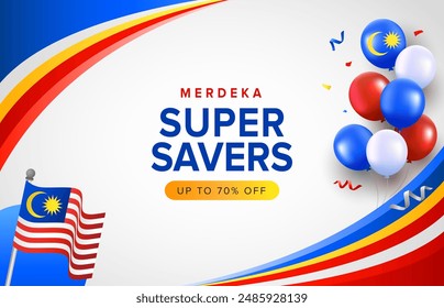 Clean Malaysia Day oder Hari Merdeka Promotion Feier Hintergrund Design. Malaysia National Day Vektorillustration Kurve Tricolor Vorlage mit Ballons, Bänder für Karten, Banner, Poster, Social 