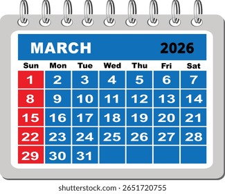 Plantilla de diseño de calendario de marzo de 2026 con formato imprimible y cuadrícula de días laborables